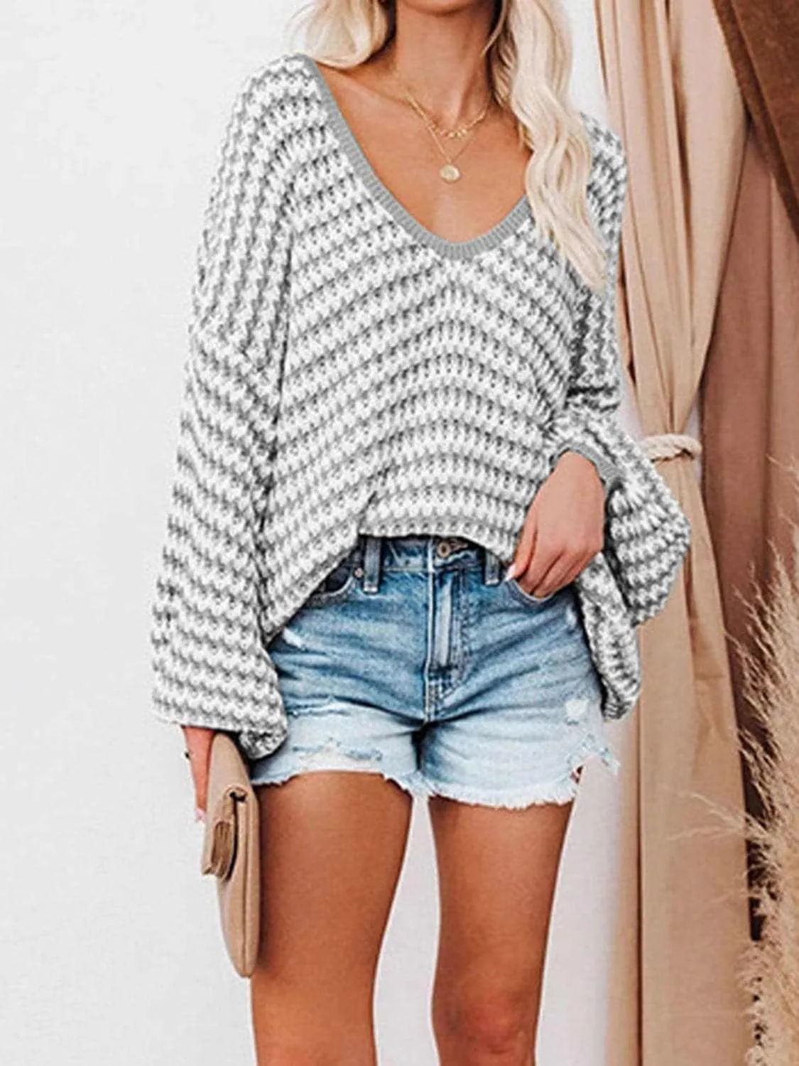 Striped V-Neck Drop Shoulder Sweater