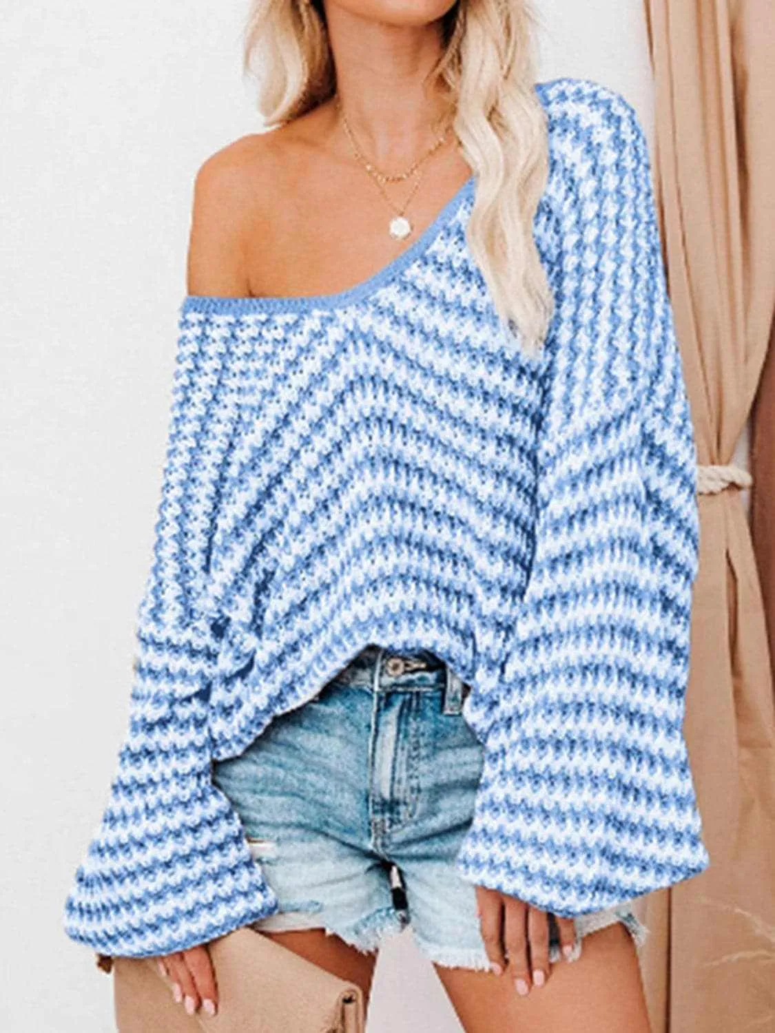 Striped V-Neck Drop Shoulder Sweater