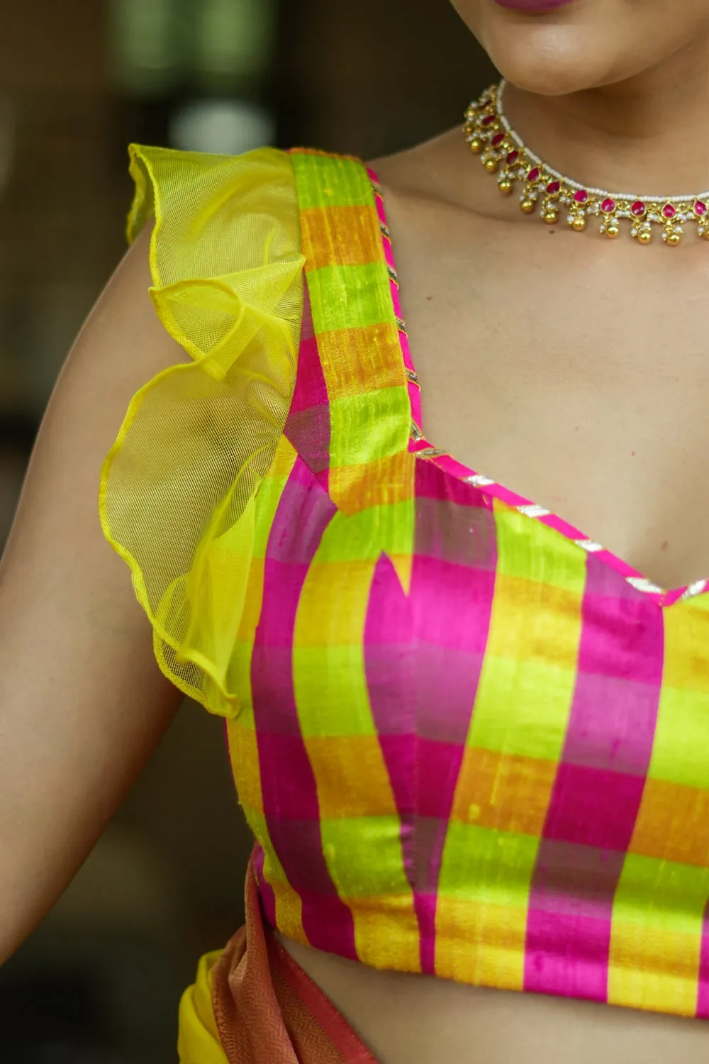 Sunshine Yellow Pink Checked Pure Raw Silk Sweetheart neck blouse