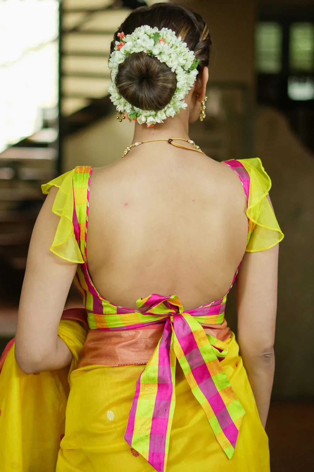 Sunshine Yellow Pink Checked Pure Raw Silk Sweetheart neck blouse