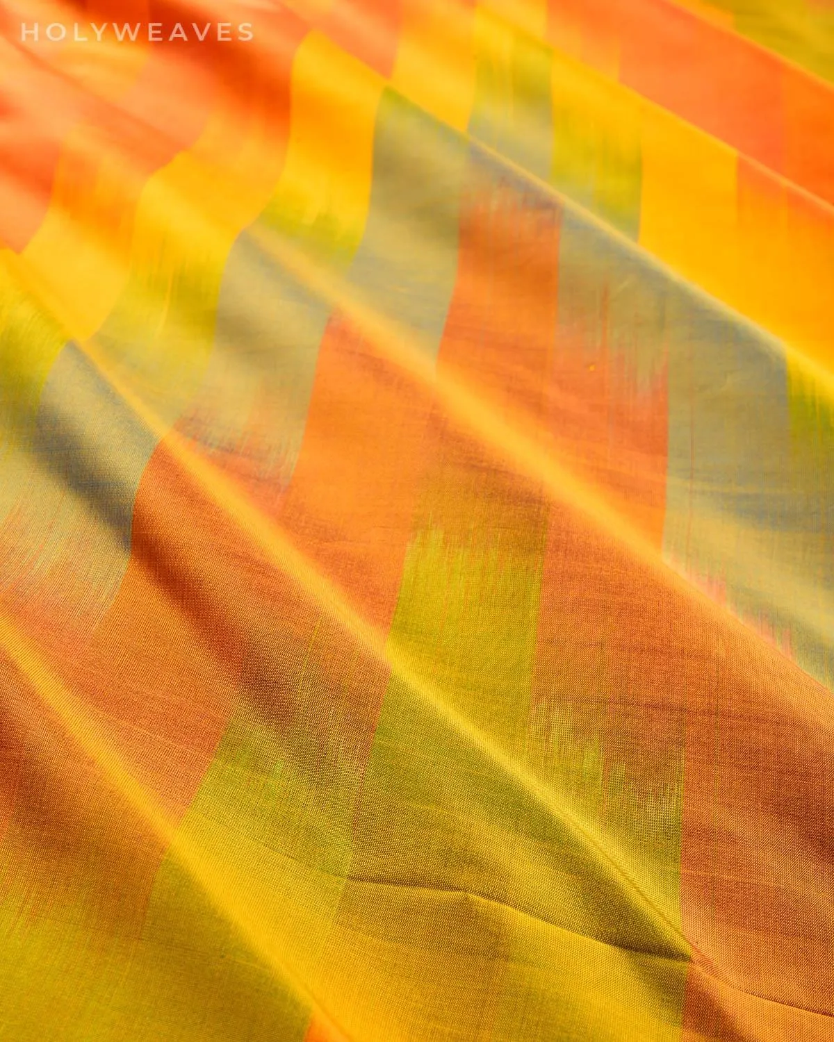 Vibgyor Yellow Banarasi Chevron Ikat Handwoven Katan Silk Fabric