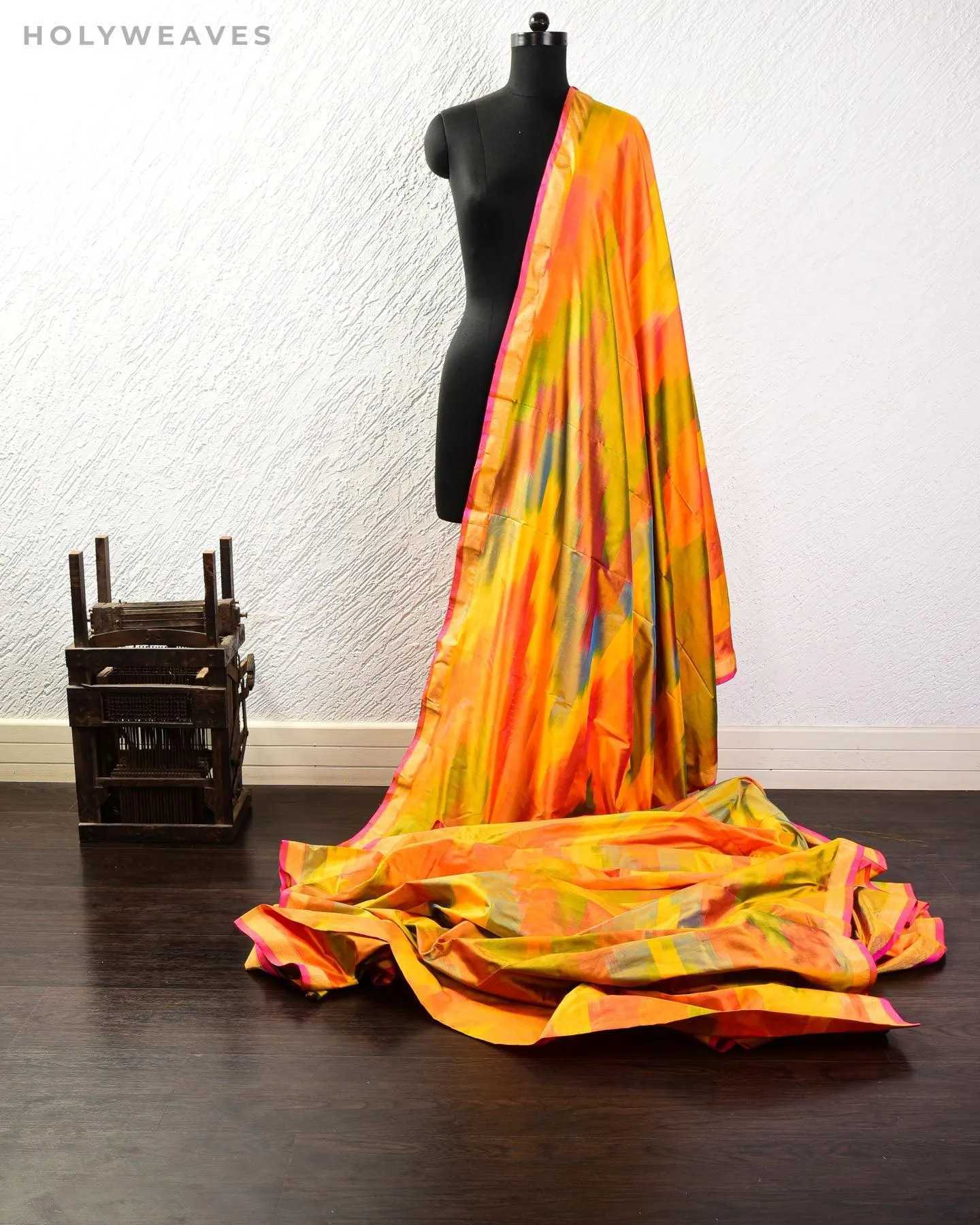 Vibgyor Yellow Banarasi Chevron Ikat Handwoven Katan Silk Fabric